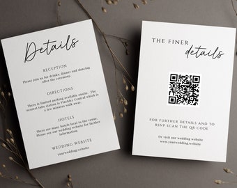 Wedding information card template, diy details card insert, QR code card, simple wedding all the details, minimalist editable download #BL46