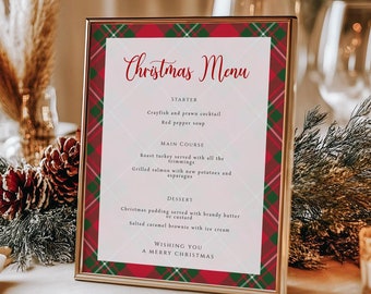 Tartan Christmas dinner menu template, printable red and green dinner party menu, traditional winter holidays 5x7 8x10, Templett download