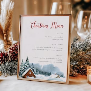 Edytowalny szablon menu świątecznego, wydrukowane menu obiadowe ze scenami zimowymi, świąteczne menu na imprezę, ośnieżone choinki, pobierz Templett
