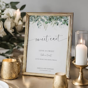 Bruiloft liefde is zoet teken sjabloon, afdrukbaar eucalyptus groen zoet kar teken, diy liefde is zoet, neem een traktatie, bewerkbare download #BL20