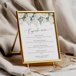 Weiße Rose Cupcake Menü Schild Vorlage, bearbeitbares Hochzeitstorte Geschmacksmuster, druckbares Blumen und Grün-diy-Menü, Templett Download #BL23