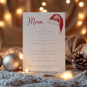 Szablon menu kolacji wigilijnej, menu do druku w czapce Mikołaja, edytowalne menu na imprezę 5x7 i 8x10, menu w kolorze czerwonym i białym, pobieranie cyfrowe, Templett