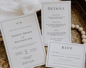 Monogram wedding invitation printable template, simple wedding invite suite with QR code, elegant invite rsvp bundle, editable download BL51