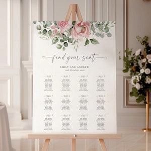 Tafelsjabloon roze bruiloft, bewerkbare stoelindeling, portretbord pioenroos bloemen en groen, afdrukbaar feest, Templett-download #BL22