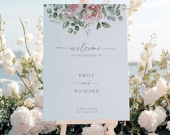 Pink wedding welcome sign template, editable and printable floral and greenery signage, diy peony and eucaltpyus, Templett download #BL22