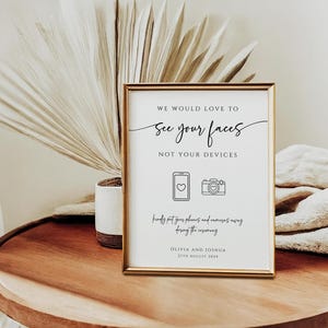 Plantilla de letrero para bodas sin dispositivos, letrero imprimible moderno para ceremonias desconectadas, íconos sin teléfonos ni cámaras, boda de bricolaje, descarga editable #BL77