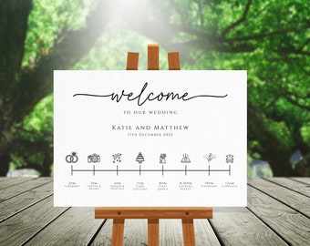 Large wedding welcome timeline sign template with icons, simple wedding order of the day, black white horizontal, editable download #BL46