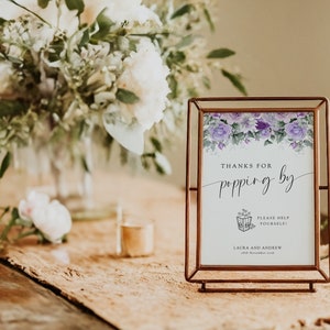 Purple thanks for popping by sign template, printable wedding popcorn sign, floral & greenery editable party sign, Templett download BL27