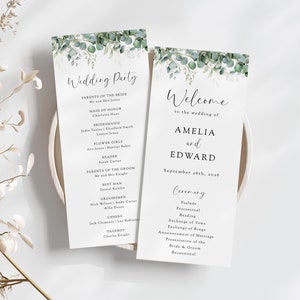 Plantilla de programa de boda con vegetación, tarjeta de ceremonia imprimible, eucalipto alto de doble cara para fiesta de bodas, descarga de Templett editable #BL20