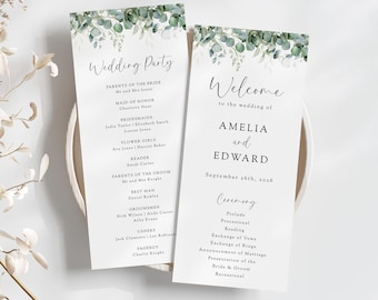May include: Wedding ceremony program with a eucalyptus design. The program includes the names Amelia and Edward, the date September 26th, 2026, and the order of the ceremony.