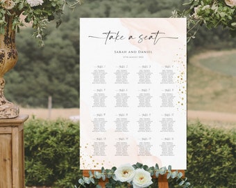 Pink and gold wedding seating sign template, wedding table plan editable, watercolour large portrait sign, editable diy table chart #BL40