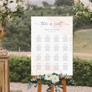 Rosa und goldene Hochzeit Sitzplatz Zeichen Vorlage, Hochzeit Tisch Plan bearbeitbar, Aquarell großes Porträt Zeichen, bearbeitbares diy Tisch Chart #BL40