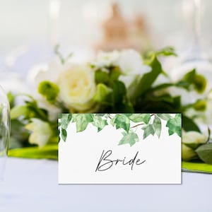 Plantilla para tarjeta de lugar de boda con hiedra, tarjeta de nombre verde, tarjetas de lugar plegables con vegetación, tarjetas de nombre de mesa con hiedra para eventos de bricolaje, editables e imprimibles #BL4