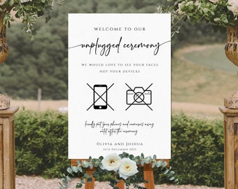 Unplugged ceremony welcome sign template, modern wedding welcome no devices sign, crossed no phones or cameras, diy editable download #BL77