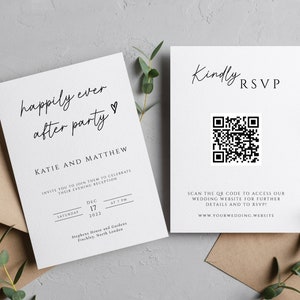 Szablon zaproszenia ślubnego „Happy ever after party”, zaproszenie na wieczorne przyjęcie DIY z kodem QR RSVP, do wydrukowania w domu, edytowalne zaproszenie #BL46