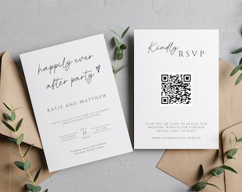 Happily ever after party wedding invitation template, diy evening reception invite with QR code rsvp, print at home, editable invite #BL46