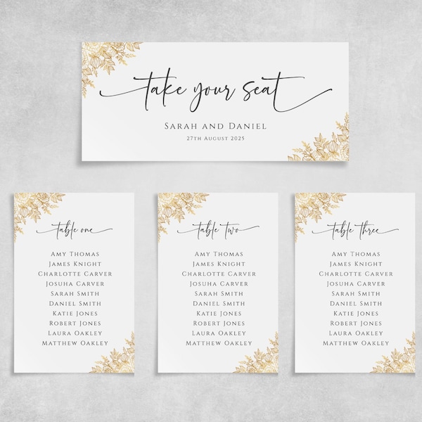 Wedding table plan template, gold seating chart cards, elegant gold floral numbered table cards & header, editable printable download BL57