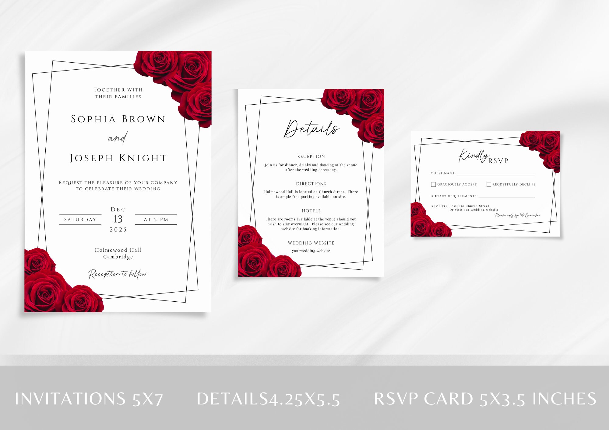 Red Rose Wedding Invitation Template Set, Red Floral and Black Border ...