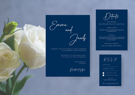Navy Blue Wedding Invitation Template Set Printable Blue - Etsy
