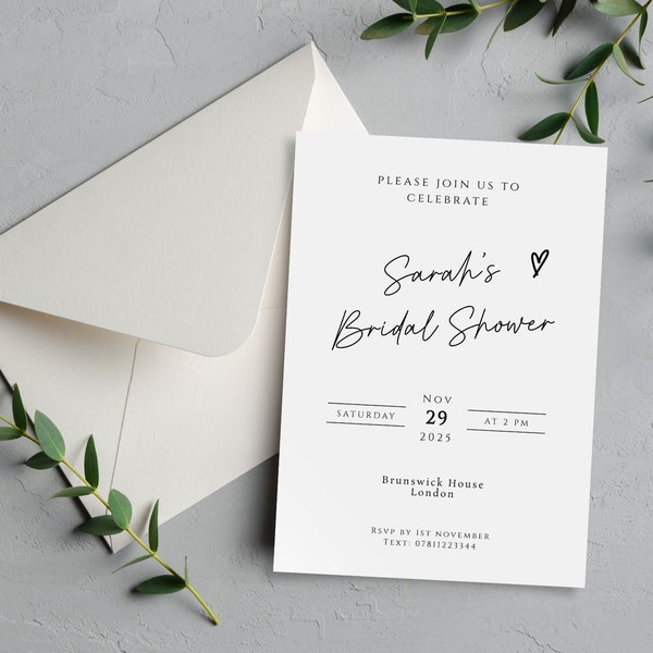 Bridal shower invitation template, simple wedding shower invitation, 5 x 7 modern bridal shower heart printable, editable download #BL46