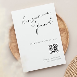 Honeymoon fund QR code sign template, wedding honeymoon donation sign, modern script diy printable, upload own QR, editable download #BL10