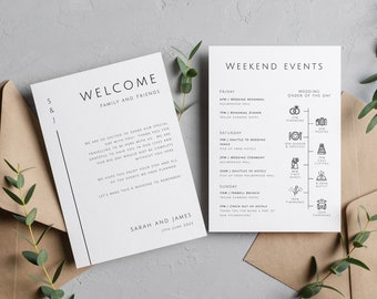 Wedding weekend events card template with icons, wedding timeline, wedding welcome bag note, printable order of day, wedding itinerary #BL12