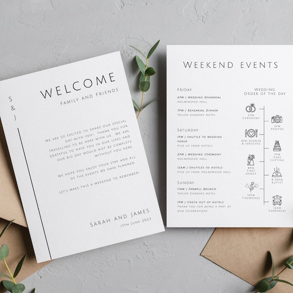 Wedding weekend events card template with icons, wedding timeline, wedding welcome bag note, printable order of day, wedding itinerary #BL12