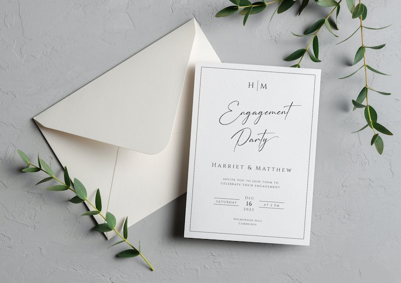 Monogram engagement invitation template, modern engagement party invite, black border printable diy invitation, editable download BL51 image 1