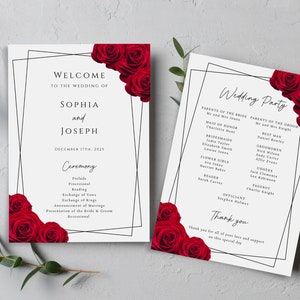Plantilla de programa de boda, orden de servicio de boda con rosa roja, programa imprimible con borde negro, descarga editable de boda diy en rojo y negro #BL2