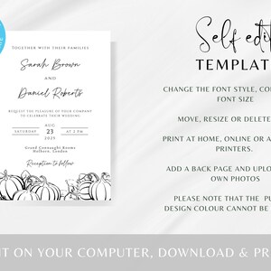 Fall wedding invitation template, black and white autumn pumpkin wedding invite, minimalist pumpkin outline printable & editable invitation image 3