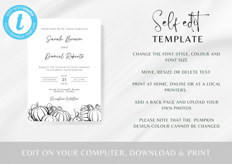 Fall wedding invitation template, black and white autumn pumpkin wedding invite, minimalist pumpkin outline printable & editable invitation image 3