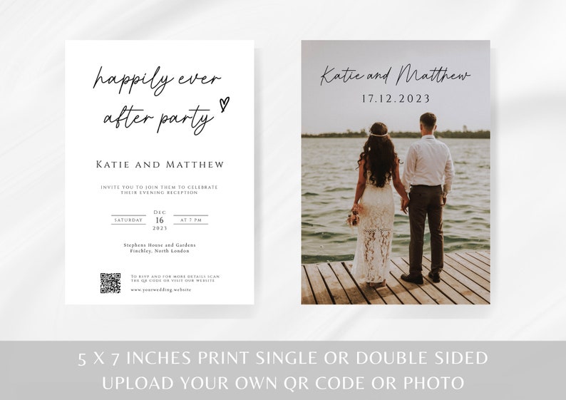 Happily ever after party wedding invitation template, upload your own QR code evening reception invite, print at home, editable invite BL46 image 5