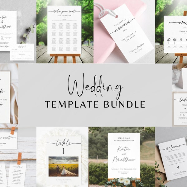 Simple wedding template bundle, diy wedding stationary kit, modern large set, invitation signs menus programs, editable download #BL46