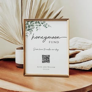 Szablon znaku Eucalyptus Honeymoon Fund, ślub przesyła własny kod QR, znak DIY, zielona darowizna ślubna do wydrukowania, edytowalne pobieranie #BL9
