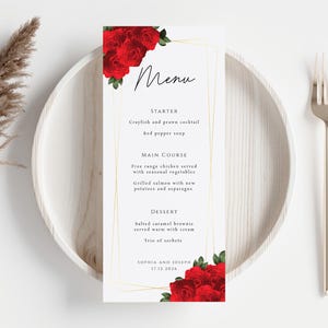 Rotes und goldenes Menü Vorlage, Rosé Hochzeitsmenü, bearbeitbare und druckbare Menü Karte, Goldrand DIY doppelseitiges Menü, Templett Download
