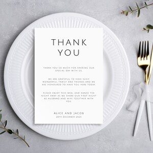 Plantilla minimalista de nota de agradecimiento para bodas, imprimible, para servilleta en blanco y negro, para descargar en Templett #BL21