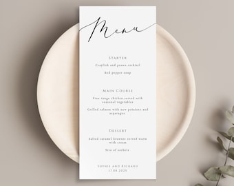 Elegant wedding menu template, tall wedding menu sign, script printable menu card, editable 4x9 menu place card, templett download #BL10