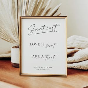 Sjabloon bruiloft lief winkelwagentje, moderne afdrukbare liefde is zoet, neem een traktatie, minimaal zwart-wit bewerkbaar bord, Templett-download BL19