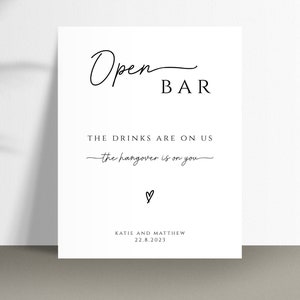 Open bar sign template, wedding open bar printable sign, drinks are on us, modern handwriting diy wedding sign, editable download #BL46