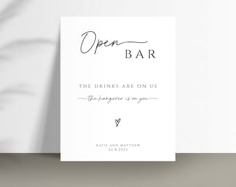 Open bar sign template, wedding open bar printable sign, drinks are on us, modern handwriting diy wedding sign, editable download #BL46