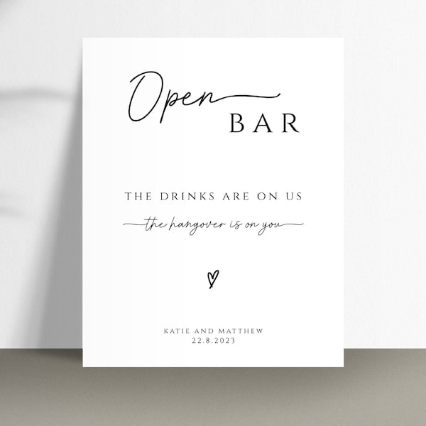 Open bar sign template, wedding open bar printable sign, drinks are on us, modern handwriting diy wedding sign, editable download #BL46