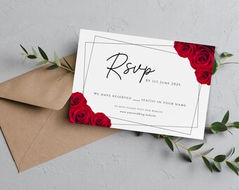 Red rose wedding rsvp card template, printable diy rsvp card, red and black wedding response, red floral black border, editable download BL2