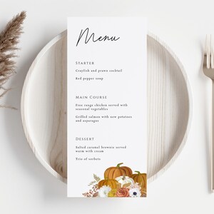 Modèle de menu citrouille, menu de mariage d'automne rustique, grande carte de menu modifiable et imprimable, menu citrouille orange automne, téléchargement Templett