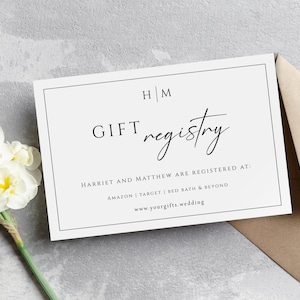Plantilla de tarjeta de registro de regalos, tarjeta de recinto de registro de bodas con monograma, inserto de registro de regalos de bodas diy, descarga editable imprimible #BL51