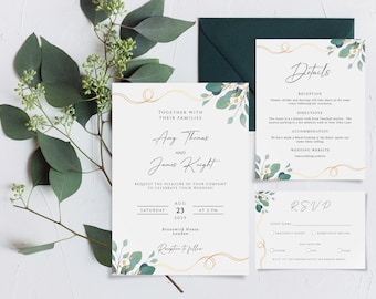 Eucalyptus wedding invitation template set, printable green and gold invite suite, editable rsvp invite bundle, greenery gold wedding #BL42