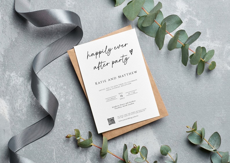 Happily ever after party wedding invitation template, upload your own QR code evening reception invite, print at home, editable invite BL46 image 2