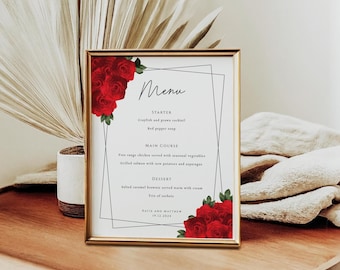 Red Rose Wedding Menu Template: Black Border, Printable 8x10 (Digital Download) #BL8