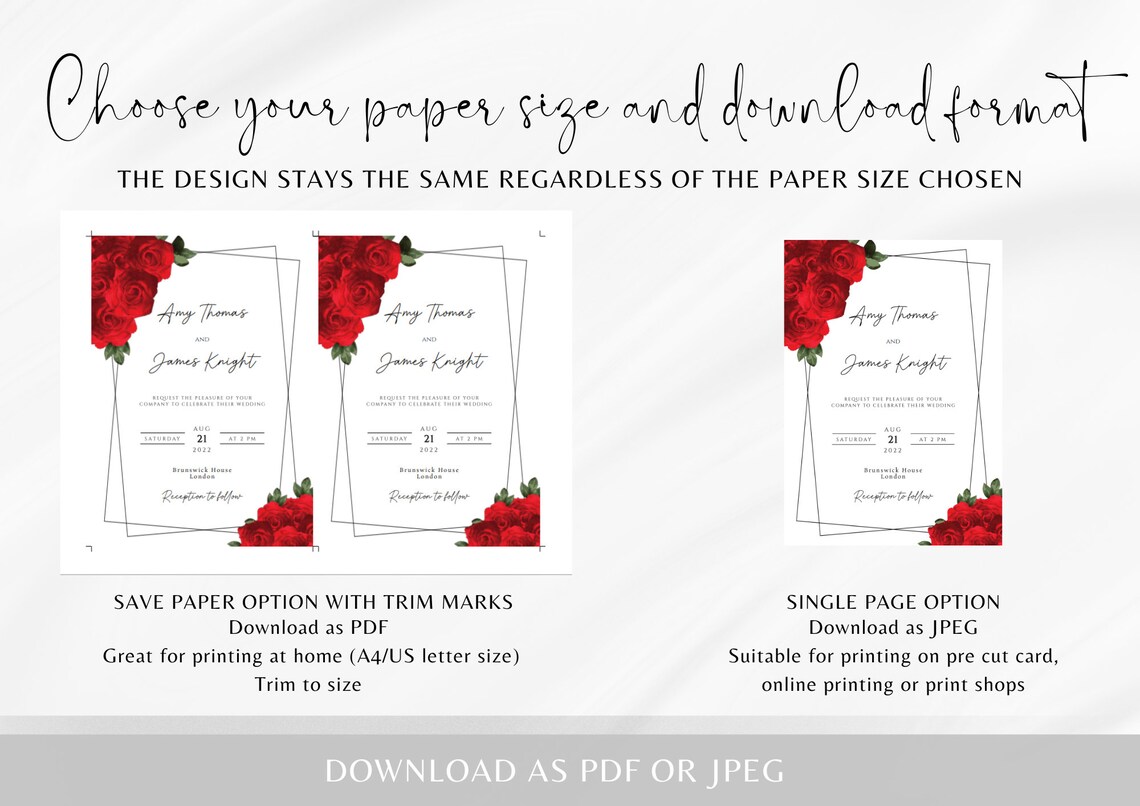 Red Wedding Invitation Template With Roses, Red Floral Black Frame ...