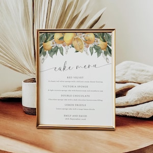 Zitronenkuchen Menü Schild, druckbare Hochzeitstorte, Kuchen Geschmacksrichtungen Menü, 4-stufige Kuchenkarte, Menükarte zum Herunterladen #BL25