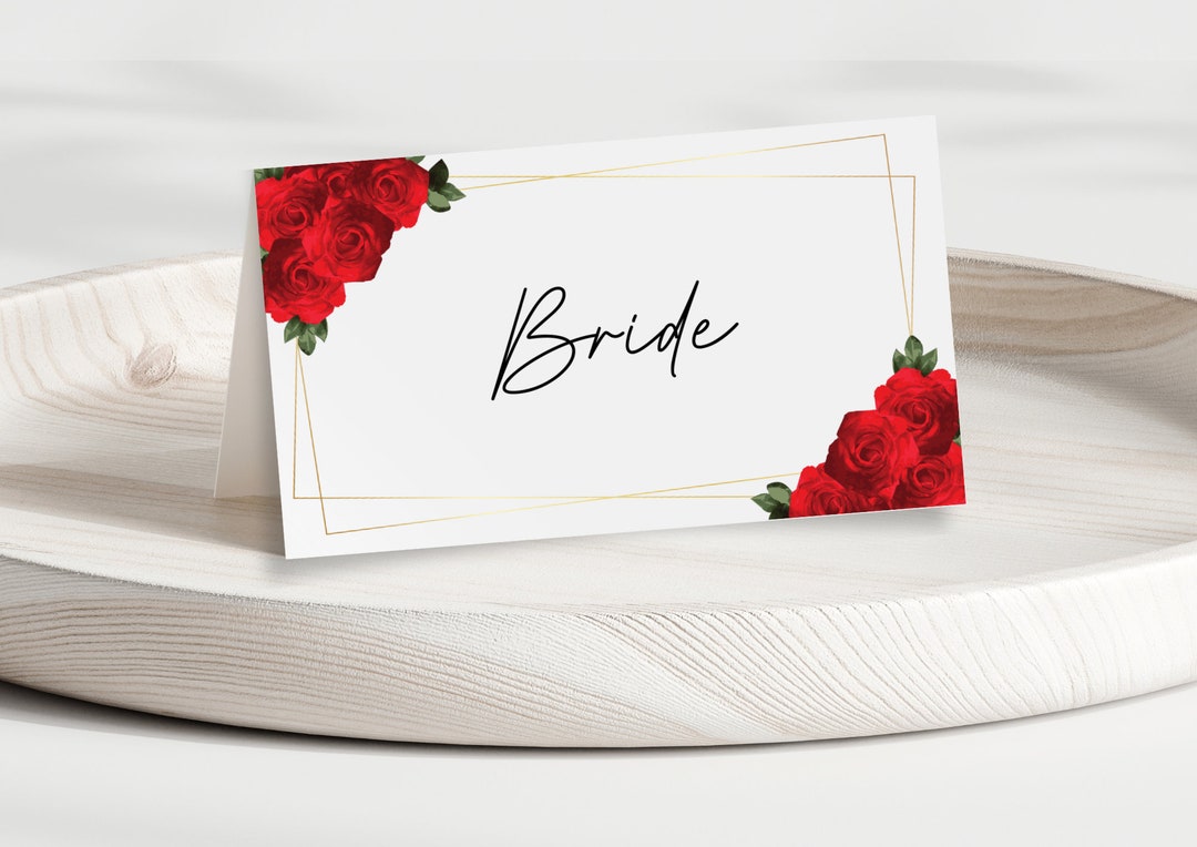 Red and Gold Place Card Template, Wedding Red Roses & Gold Border Name ...